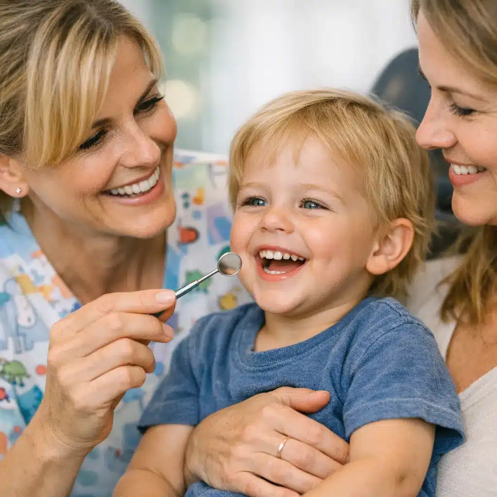 A happy child sitting in a dental chair, smiling, with a friendly dentist showing them a dental mirror.