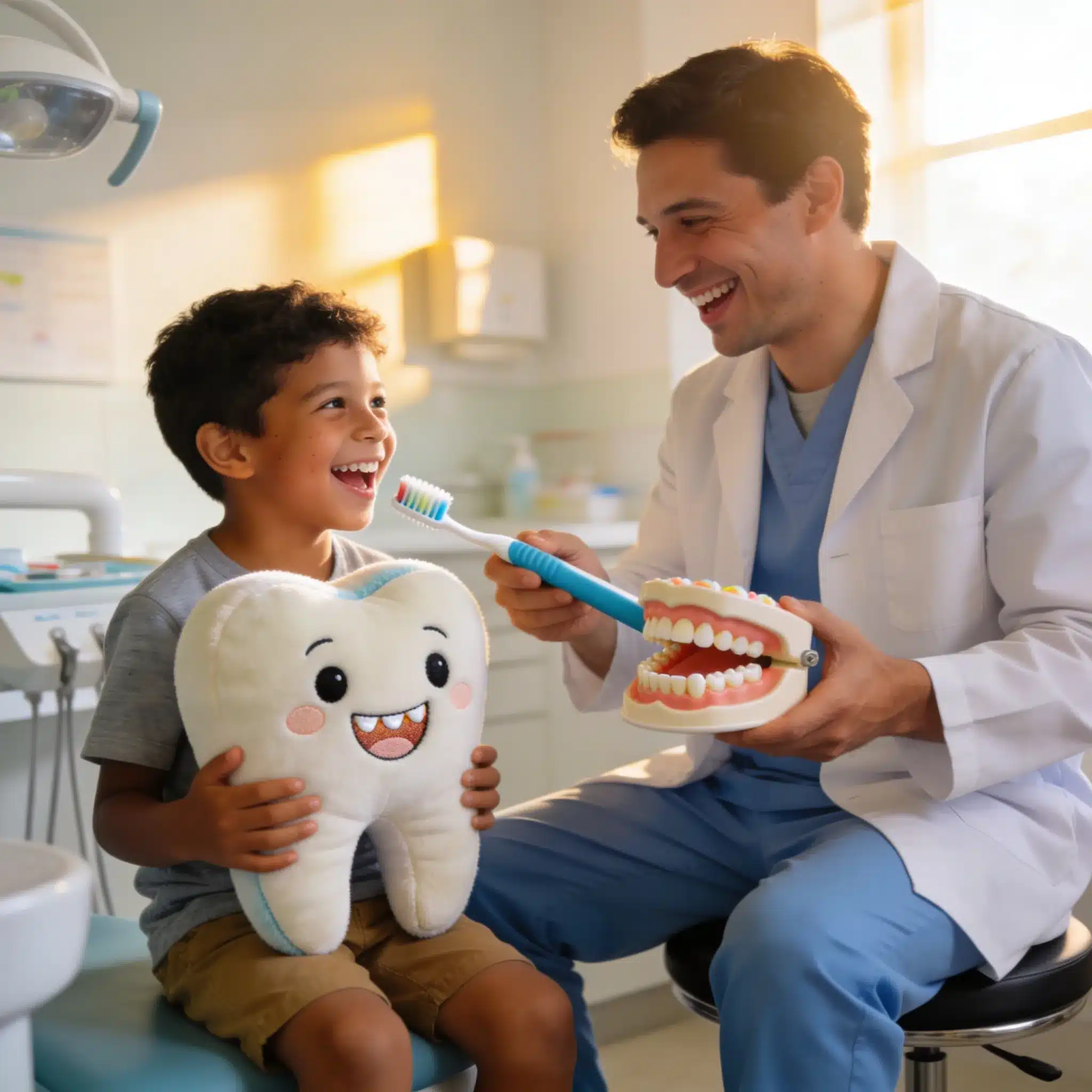 A dentist or dental assistant demonstrating brushing techniques on a large tooth model with a child.