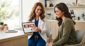 Cosmetic dental consultation reviewing before and after results