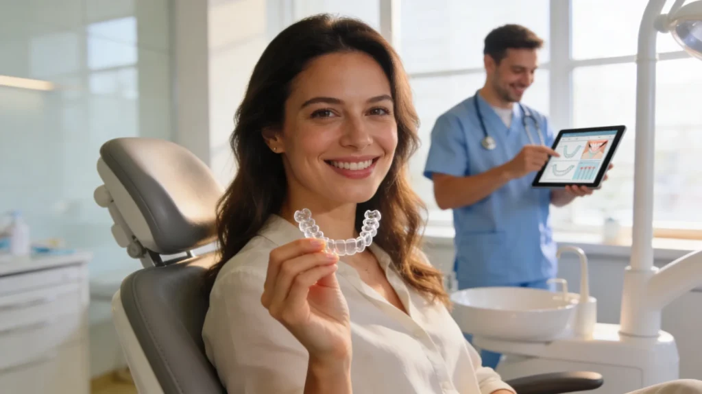 Invisalign cost Sunbury — patient holding clear aligner at Sunbury Dental Group