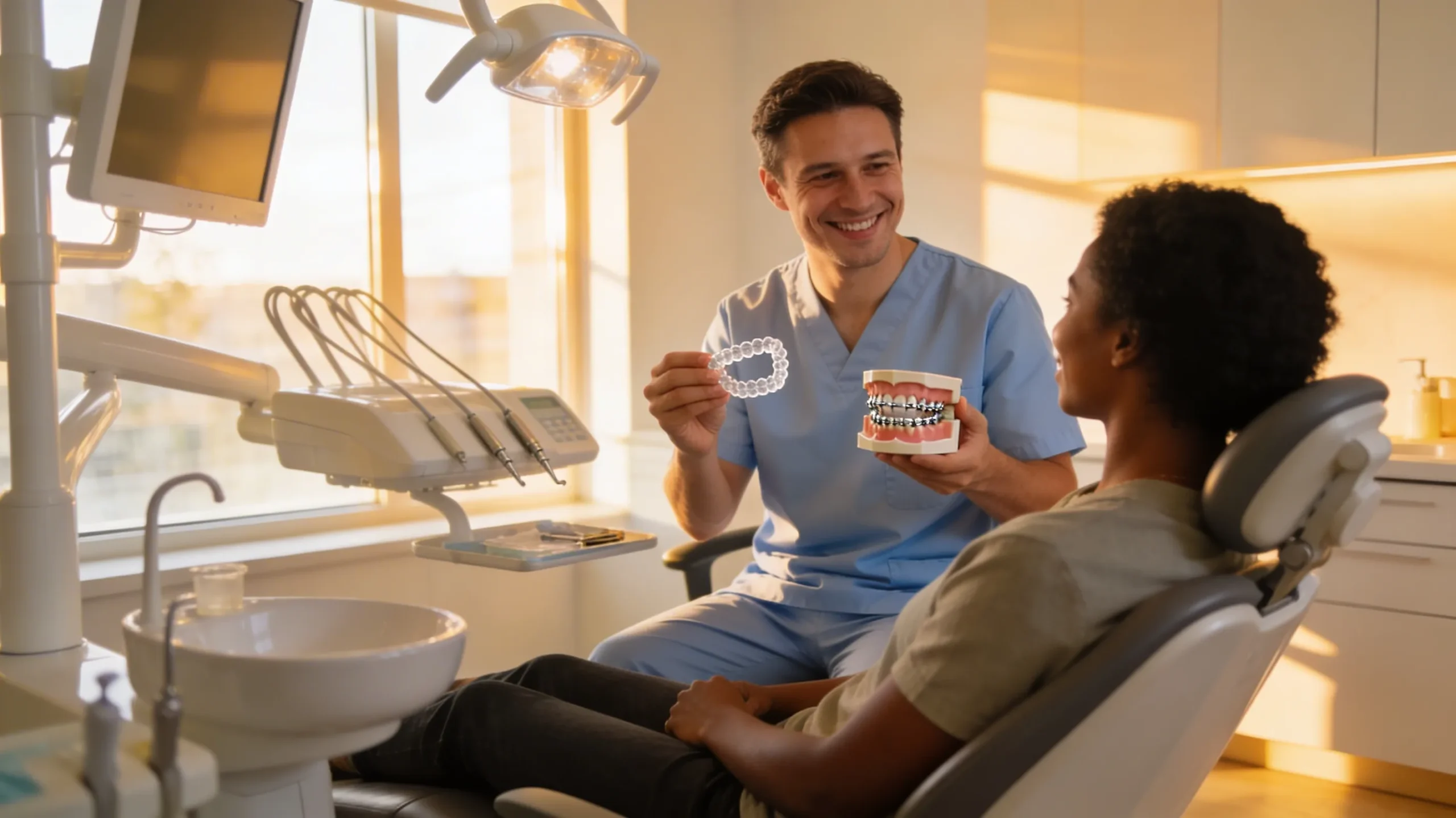 Invisalign vs Braces Sunbury Dentist Honest Guide Transparent tooth braces clear aligner held next to a model showing metal bracket braces