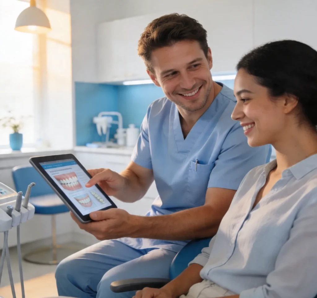 A patient discussing their personalized smile makeover treatment plan with an experienced cosmetic dentist serving Aintree.