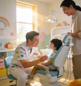 Child at dentist, smiling interaction.