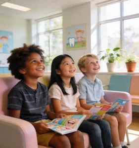 Children smiling while reading magazines.