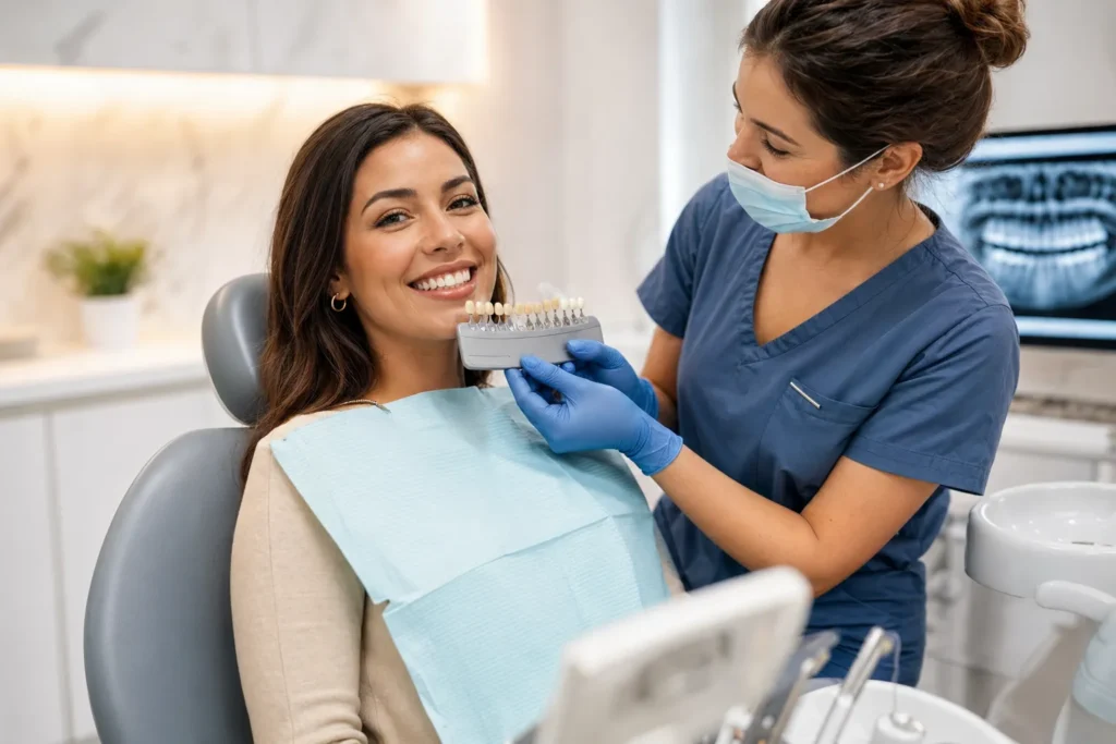Professional teeth whitening near me in Sunbury at Sunbury Dental Group — shade comparison with dentist