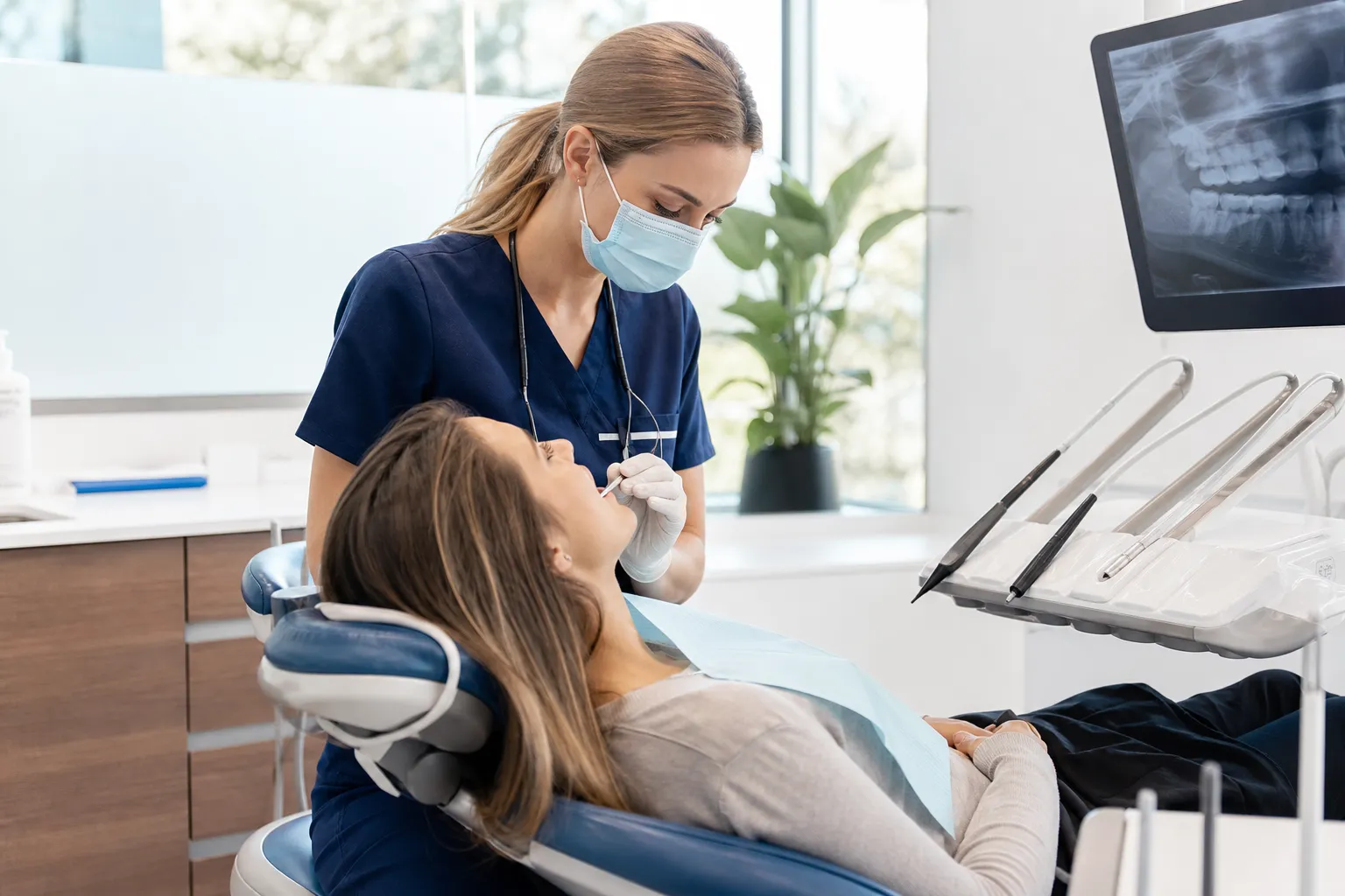 A dental hygienist in a clean, modern clinic carefully measuring gum pocket depth around a patient's teeth using a periodontal probe. The patient is relaxed in the chair. The image shows clinical precision in a calm, professional environment — conveying thorough care without alarm.