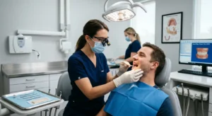 Dentist diagnosing cracked tooth pain using bite test during examination