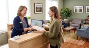 Patient checking in for dental checkup after long gap at welcoming reception