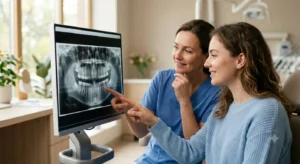 Dentist explaining findings to nervous about dentist patient during checkup