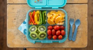 Foods for healthy gums packed in a family lunchbox
