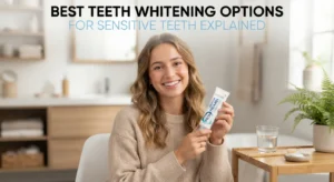 Woman promoting teeth whitening products