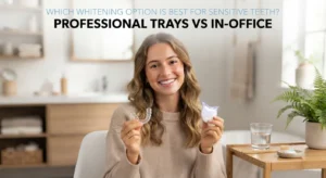 Woman comparing teeth whitening options
