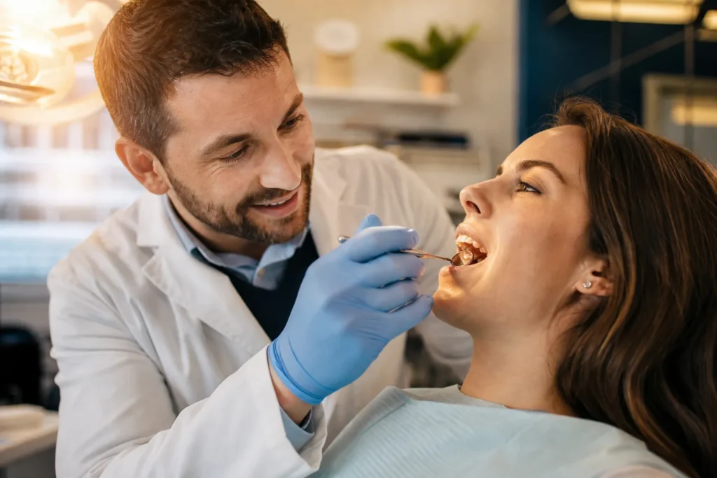 dentist checking for vitamin b12 deficiency symptoms in mouth Caption: Regular dental check-ups can help catch early oral signs of vitamin B12 deficiency.