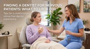 Dentist comforting nervous patient in office.
