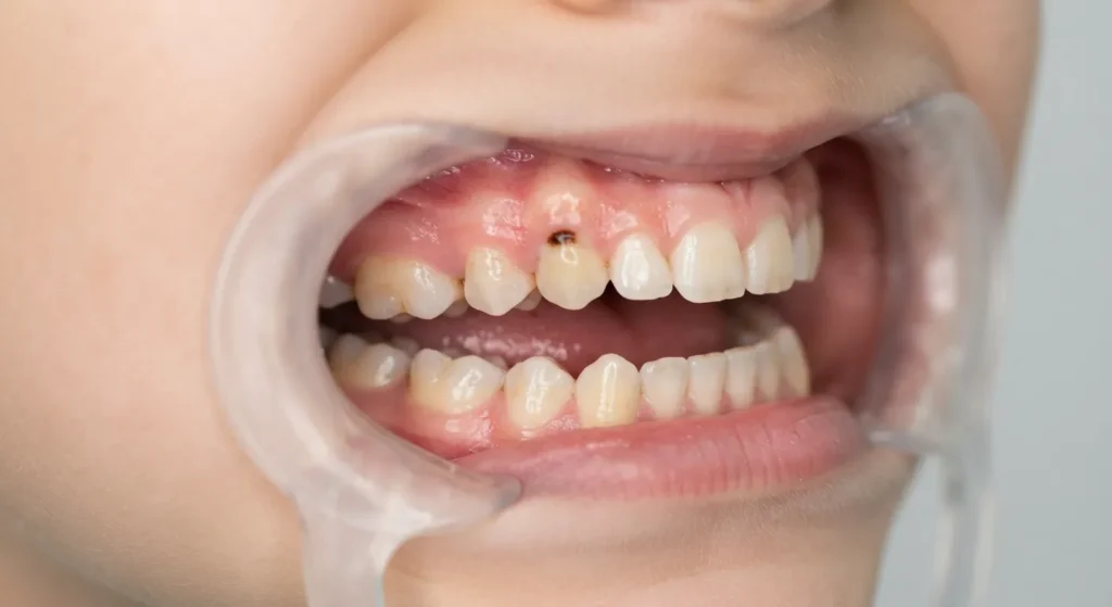 Dentist checking black spot on baby tooth during children's dental exam