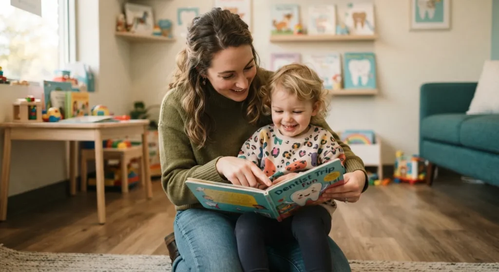 toddler scared of dentist first visit reassured by gentle dental team