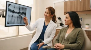 Dentist explaining X-ray to patient