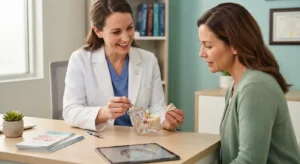 Bone graft options explained by dentist using jaw model