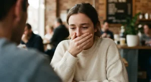 persistent bad breath causes woman covering mouth