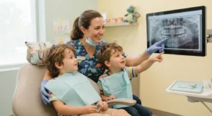 pediatric emergency dentist explaining X-ray to child